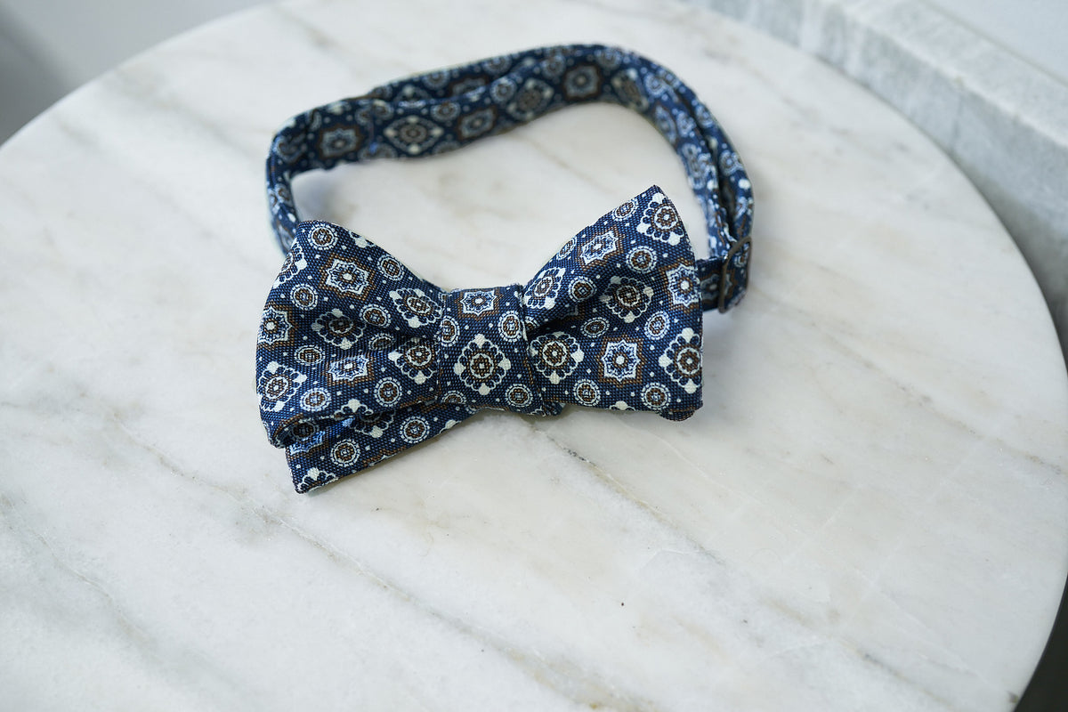 Blue-Brown Large Motifs Silk Linen Bow Tie (last piece)