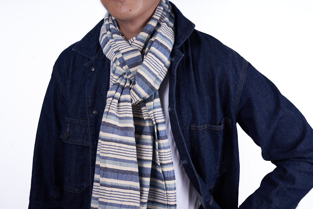 15" x 82" - Scarf: Blue Stripes Cotton Crepe