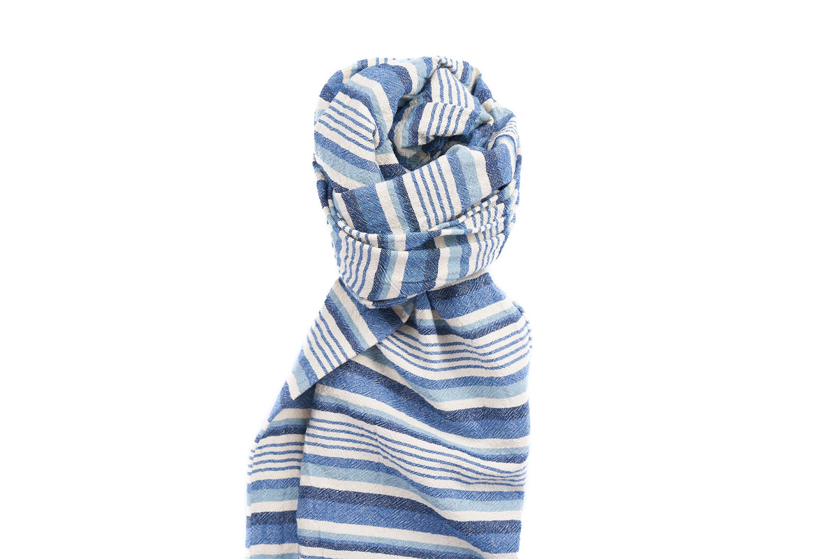 15" x 82" - Scarf: Blue Stripes Cotton Crepe