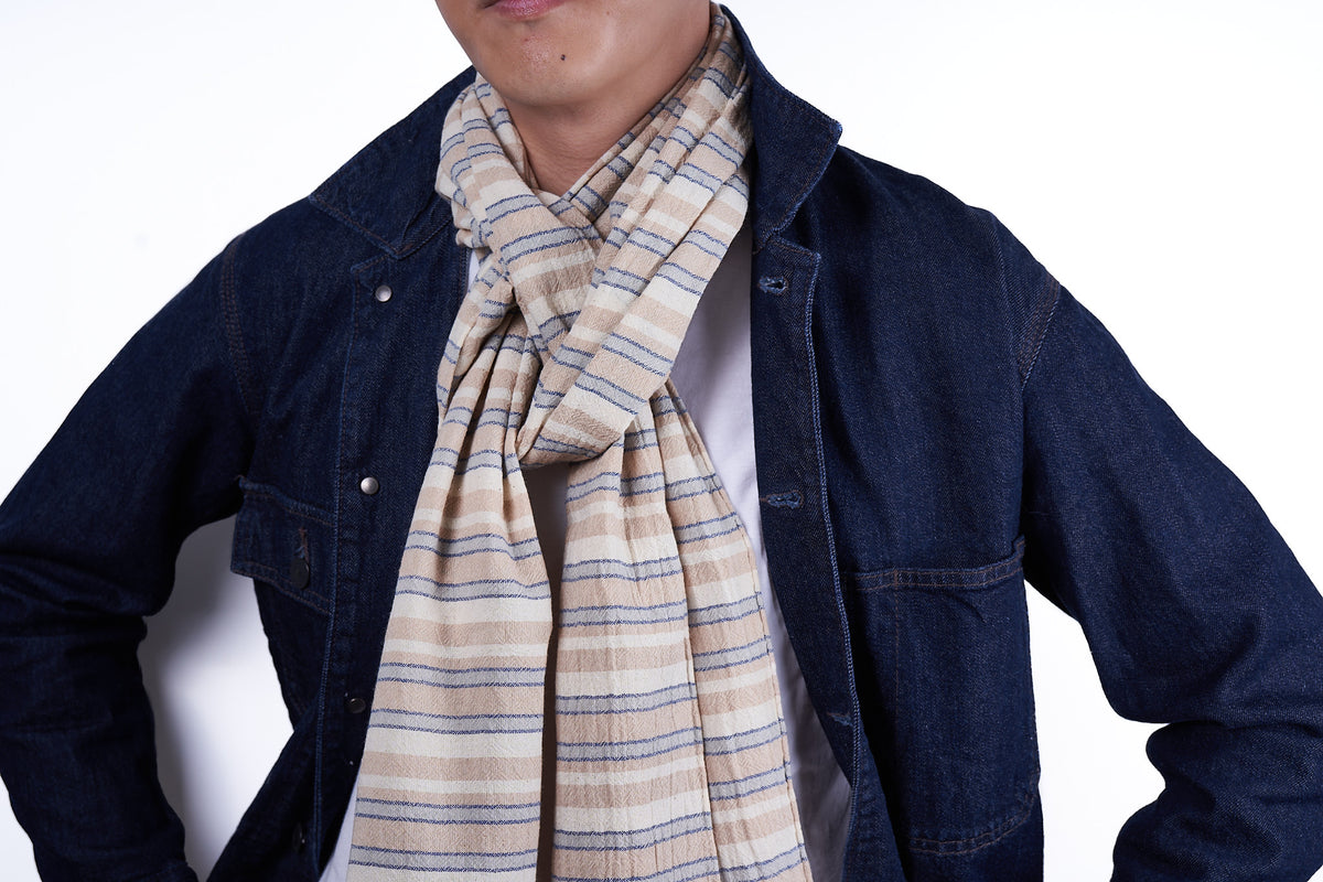 15" x 82" - Scarf: Khaki Stripes Cotton Crepe